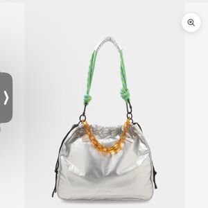 Silver Shoulder Bag with Green Rope Strap and Amber Chain Handle